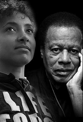 Esperanza Spalding and Wayne Shorter, black and white composite photo